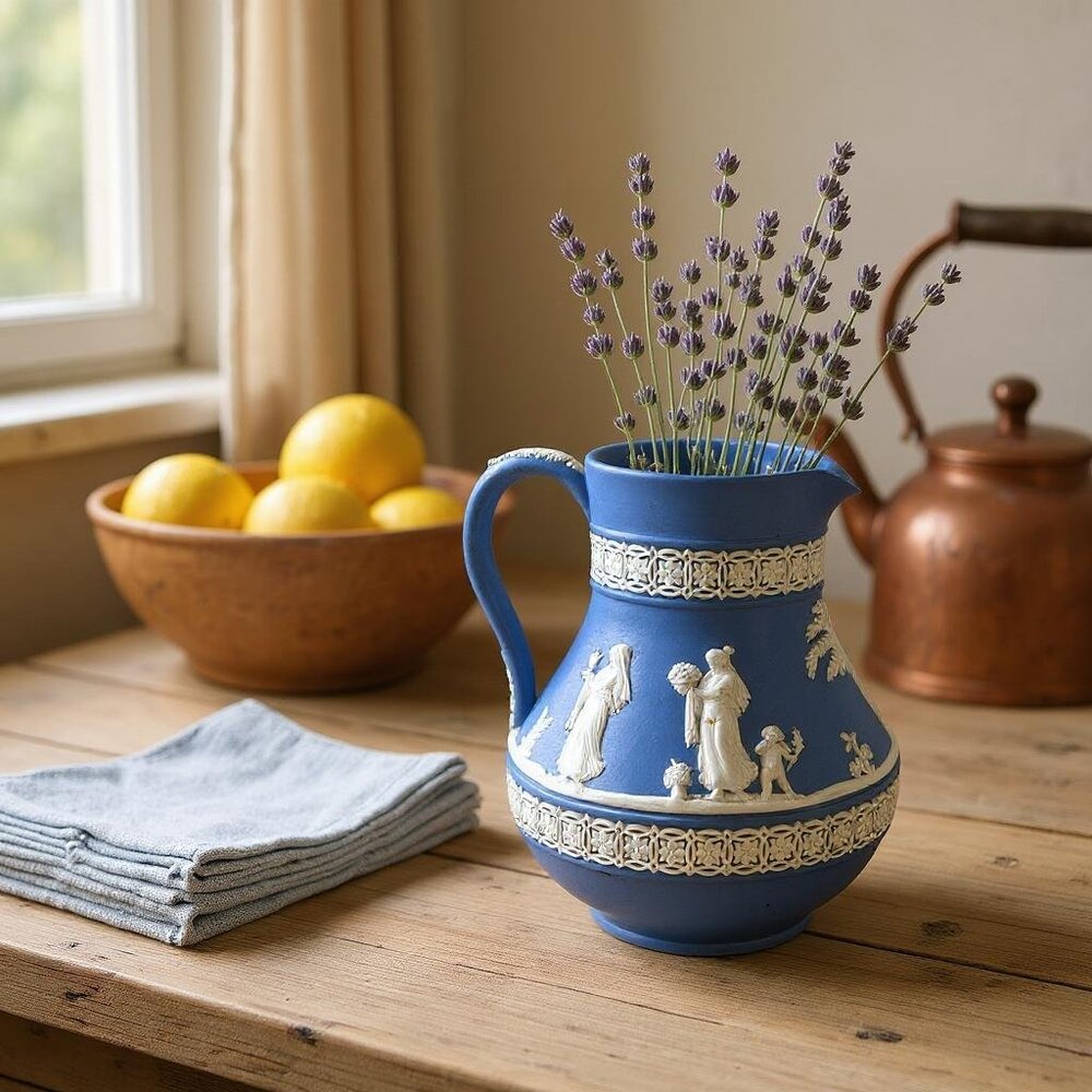 Vintage Wedgwood Pitcher Grecian Women Child Cherub Palm Tree Blue White 5"